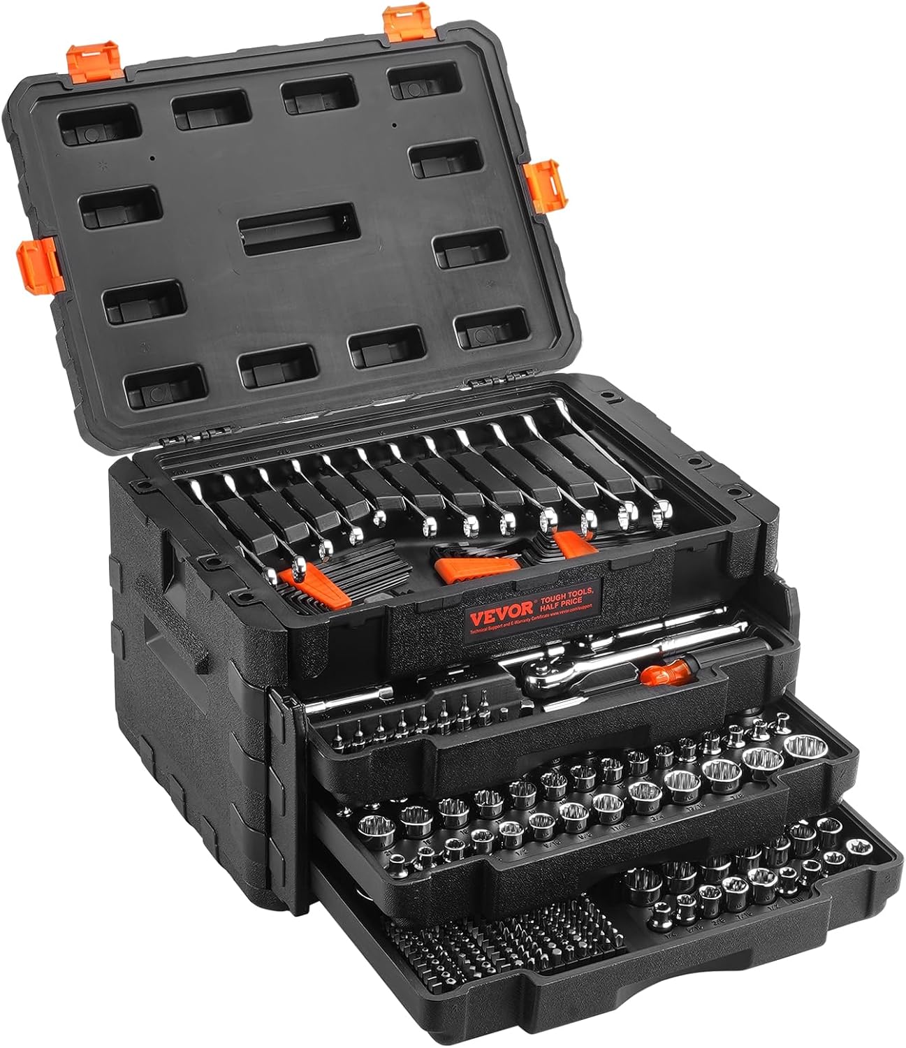 VEVOR Mechanics Tool Set and Socket Set, 1/4' 3/8' 1/2' Drive Deep and Standard Sockets, 450 Pcs SAE and Metric Mechanic Tool Kit with Bits, Combination Wrench, Hex Wrenches, Accessories, Storage Case