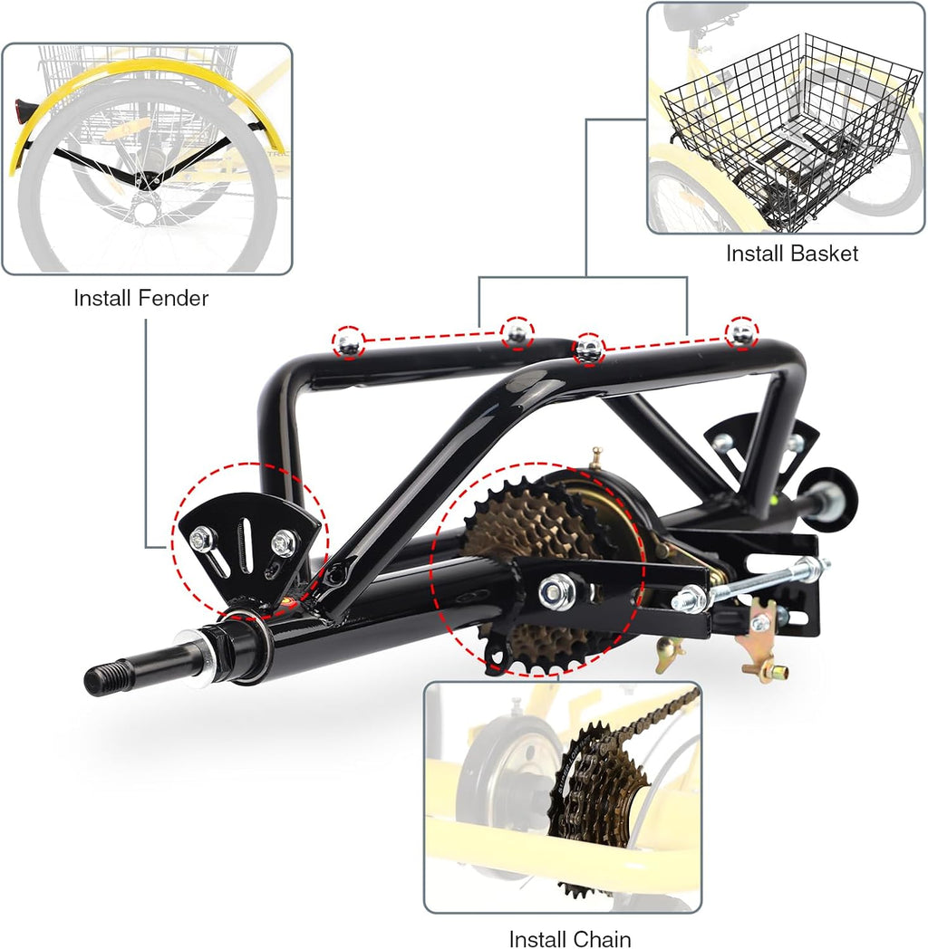 WEEROCK 20' 24' 26' Tricycle Rear Axle Tricycle Conversion Kit Single Speed/ 7 Speeds for 20 24 26 Inch Adult Tricycle, Trike, 3 Wheel Bikes，Black