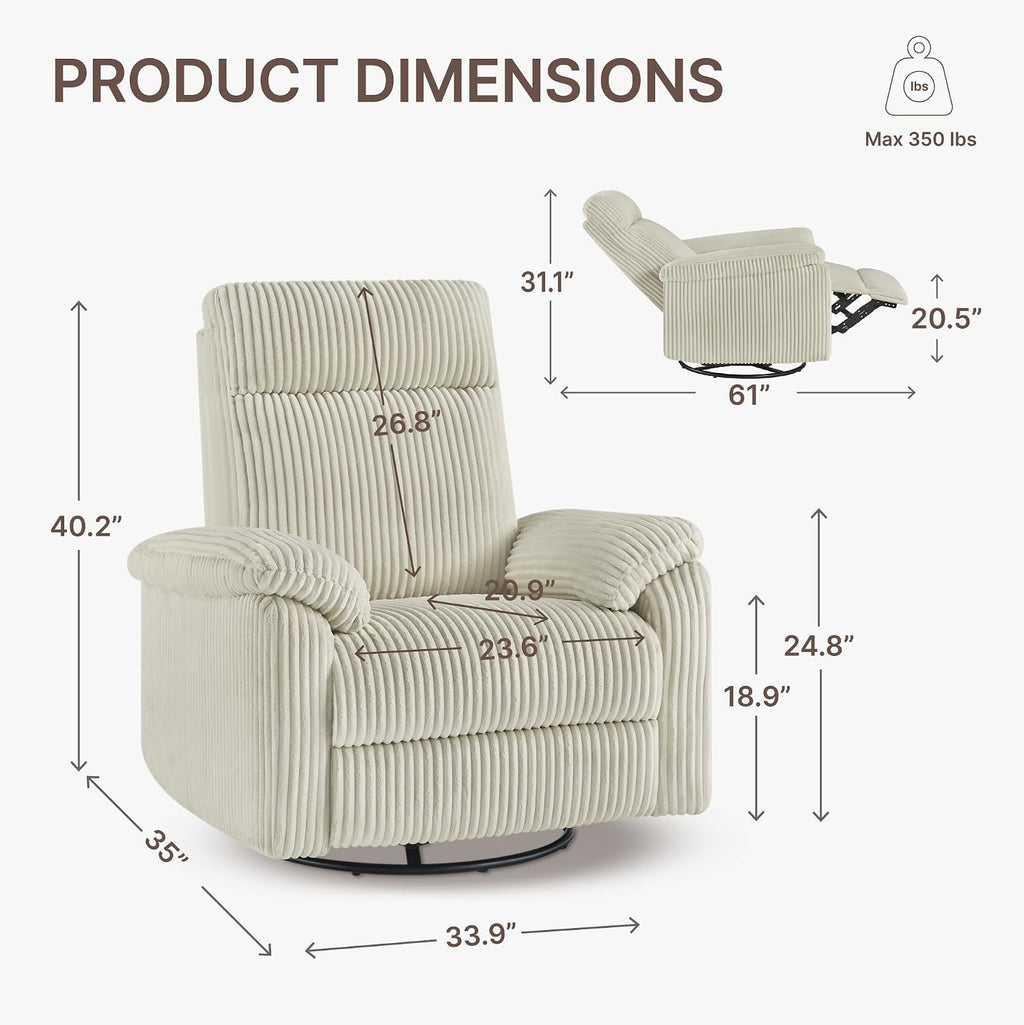 KISLOT Swivel Rocker Recliner for Adults, Corduroy 360 Degree Swivel Glider Recliner Manual 3-Position Adjustable Easy Assembly for Small Space Living Room Nursery Bedroom
