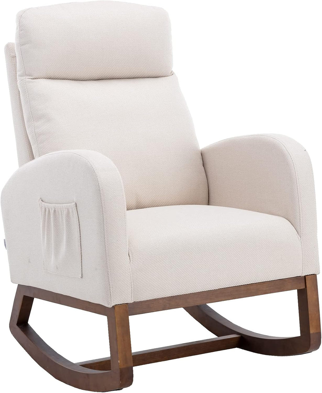 Modern Rocking Chair with Breathable Yellow Linen & Solid Wood Legs - Recliner Glider Armchair Featuring Side Pocket, High Back Support for Nursery, Living Room, Bedroom (Beige)