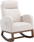 Modern Rocking Chair with Breathable Yellow Linen & Solid Wood Legs - Recliner Glider Armchair Featuring Side Pocket, High Back Support for Nursery, Living Room, Bedroom (Beige)