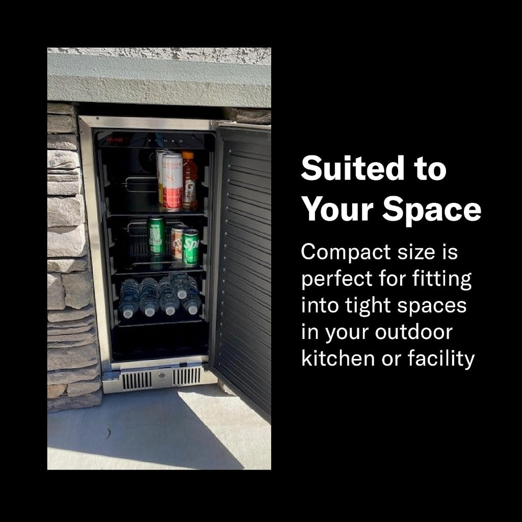 Blaze 15-Inch Outdoor Rated Compact Refrigerator | 3.2 Cu. Ft. Stainless Steel Fridge with Reversible Door & Adjustable Shelves | UL Certified for Outdoor Use | BLZ-SSRF-15