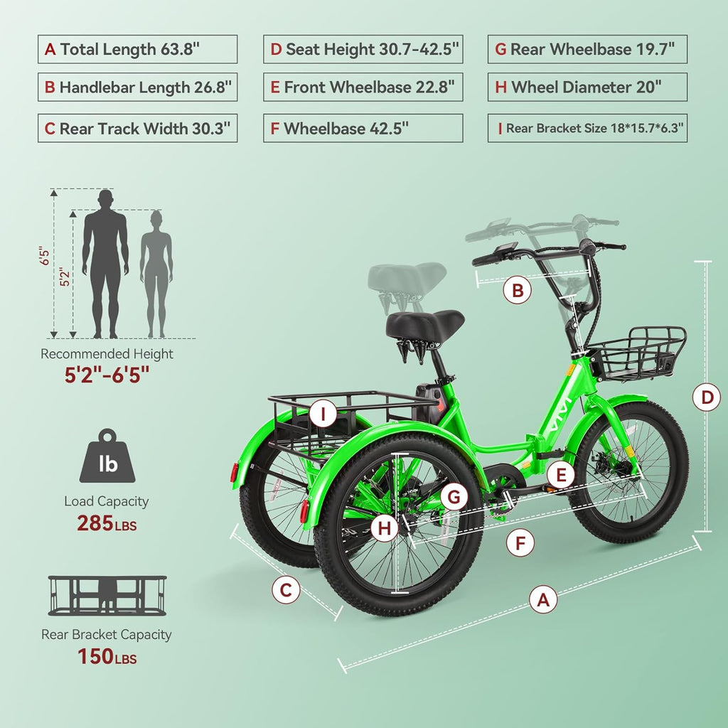 Vivi 750W Peak 20'' Folding 3 Wheels Electric Bicycle Bikes, 48V 10.4Ah Removable Battery Electric Tricycle for Adults, Speed Differential, 15.5MPH Eletric Trike with Bracket