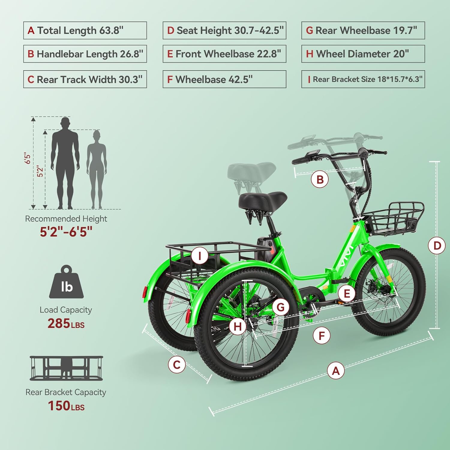 Vivi 750W Peak 20'' Folding 3 Wheels Electric Bicycle Bikes, 48V 10.4Ah Removable Battery Electric Tricycle for Adults, Speed Differential, 15.5MPH Eletric Trike with Bracket