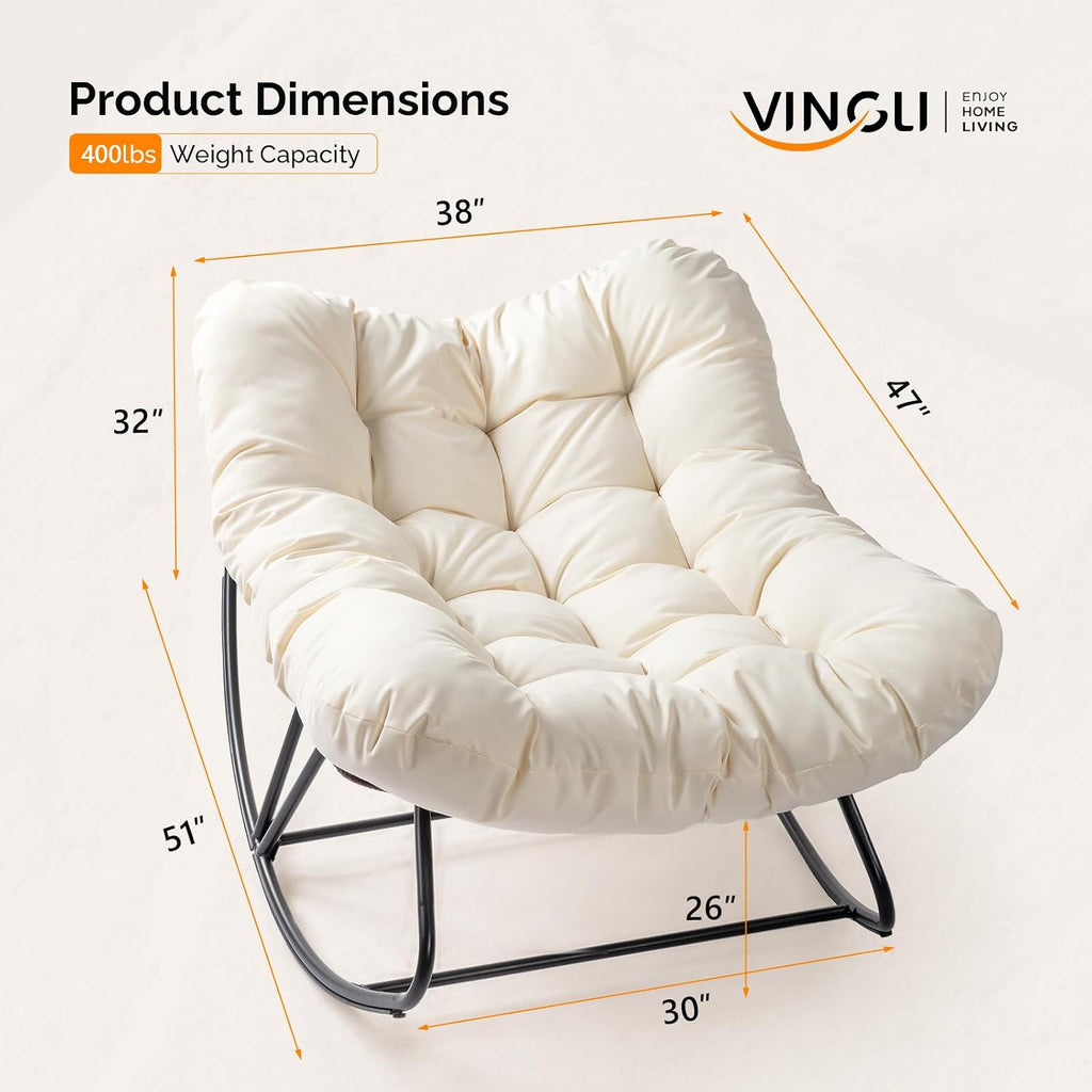 VINGLI Papasan Rocking Chair, Iron Frame Wicker Patio Chair with Thick Cushion, Indoor Outdoor Rocker for Bedroom, Porch, Garden, Beige