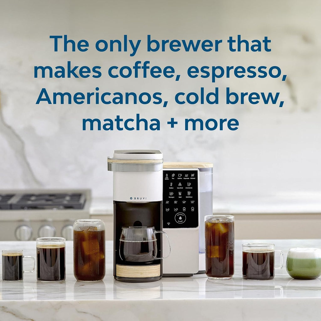 BRUVI Single-Serve Coffee Maker Bundle | Brews Coffee, Espresso, Cold Brew, Matcha Green Tea & More | Includes Brewer + 20 Variety Pods | Touchscreen, WiFi, 70 oz Tank | Cream