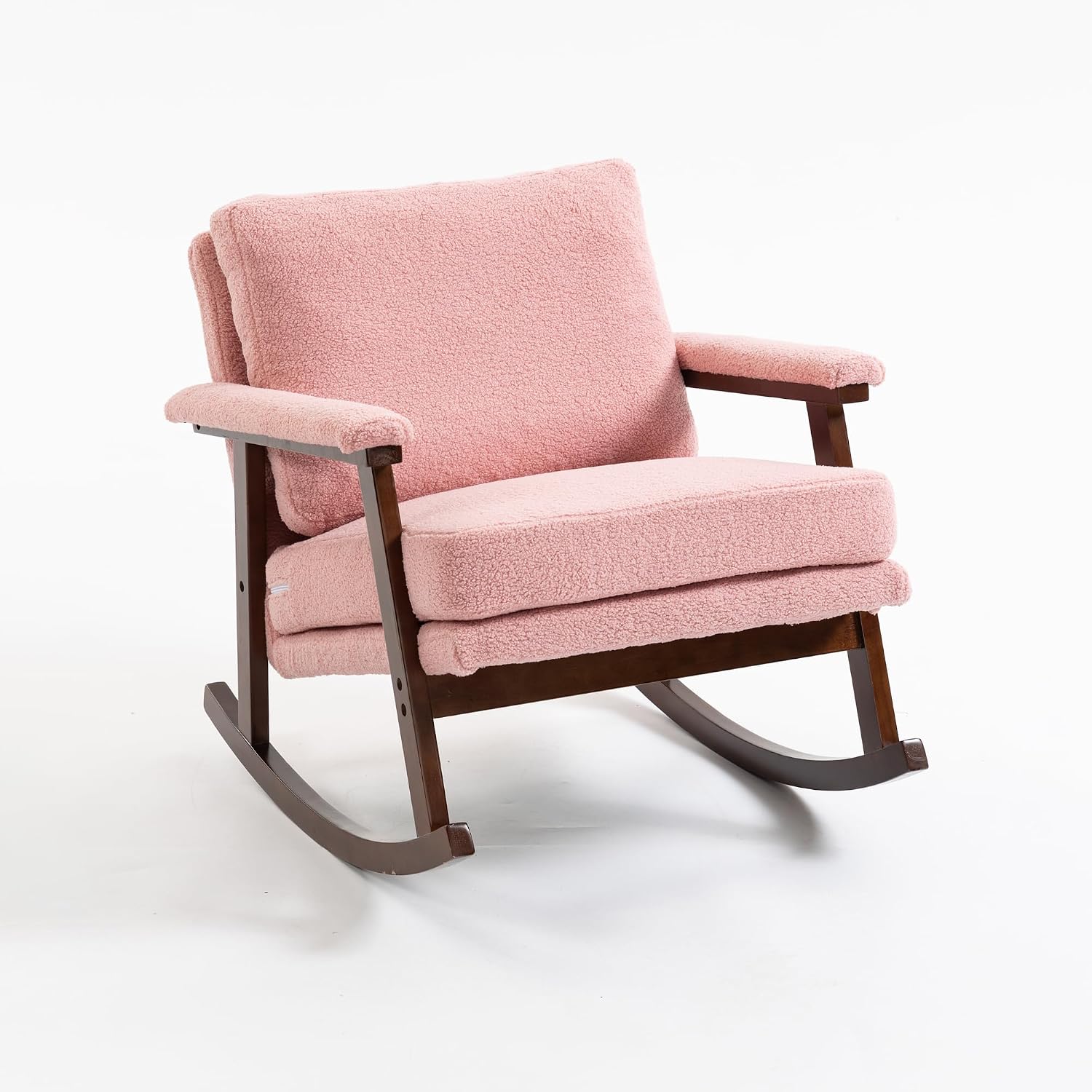 Nursery Rocking Chair Velvet Upholstered Accent Rocker Chair with Backrest Comfy Soft Rocker Glider Solid Rubber Wood Leg for Bedroom Living Room Nursing Room, Pink