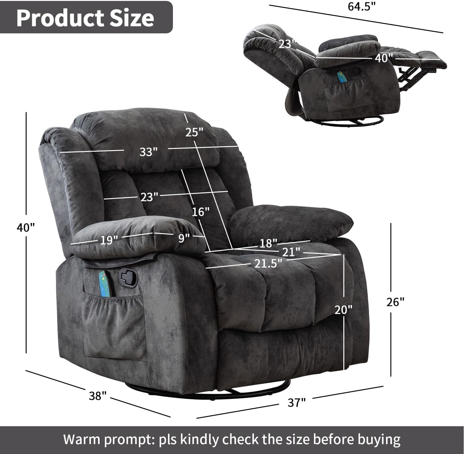 INZOY Massage Swivel Rocker Recliner with Heat and Vibration, Manual Rocking Recliner Chair with Vibrating Massage, Comfy Padded Overstuffed Soft Fabric Heated Recliner, Grey