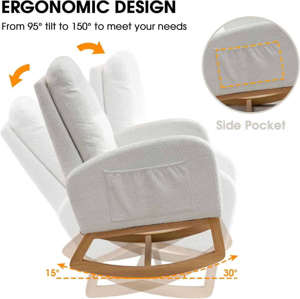 NIOIIKIT Rocking Chair Nursery, Polar Fleece Upholstered Glider Chair with Footstool, Tufted Rocker Recliner Chair with Side Pocket, Comfy Glider Accent Chair for Living Room (White Polar Fleece)