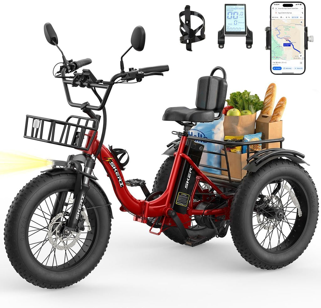 Skeri Electric Tricycle for Adults, 750W(Peak 1350W) Motor Etrike, 20'x4' Folding Fat Tire Electric Trike, 48V13Ah Battery, 3-Wheel Electric Bike, 20MPH, Front & Rear Basket & Differential