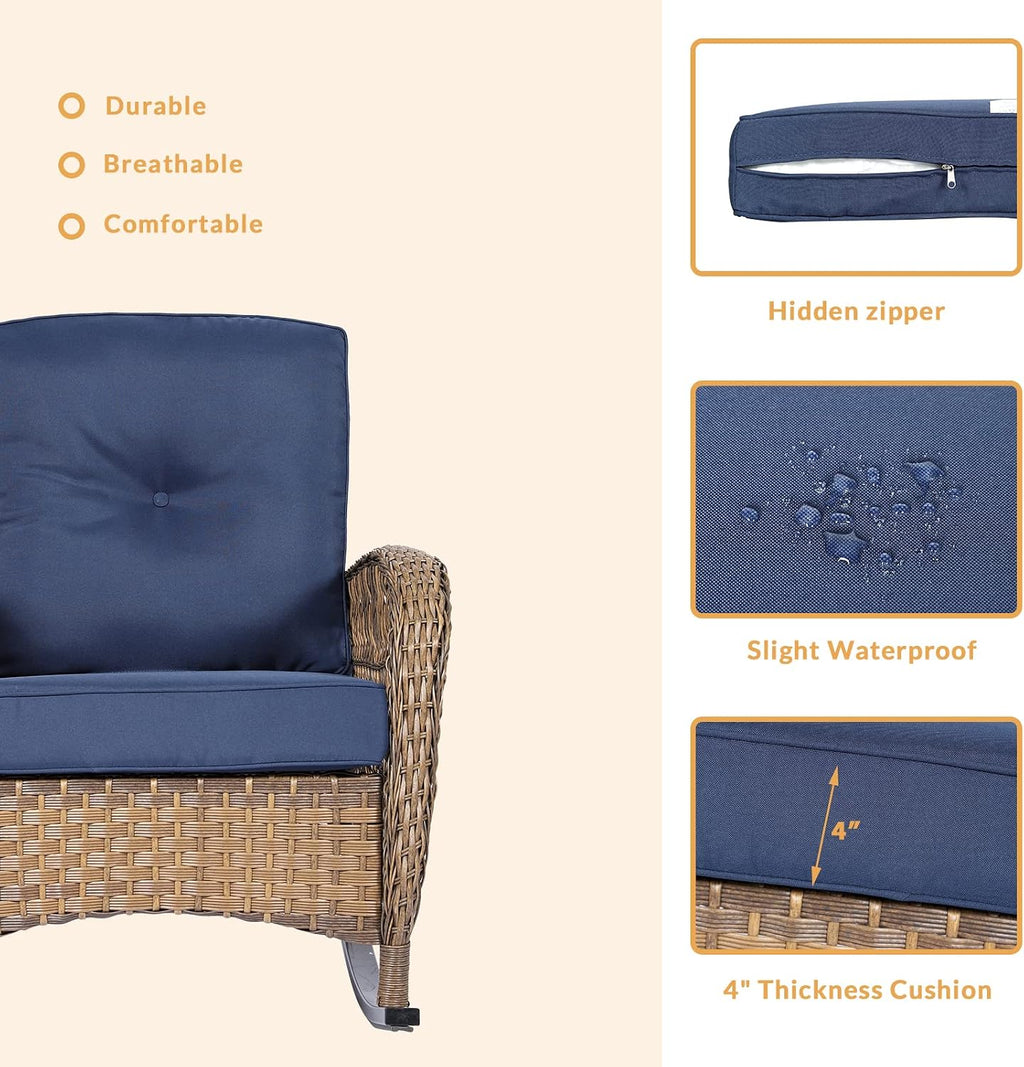 Outdoor Wicker Rocking Chair with Thickened Cushions, All-Weather Rattan Patio Rocking Chairs, Rocker Wicker Chair for Porch Garden & Backyard, Navy Blue