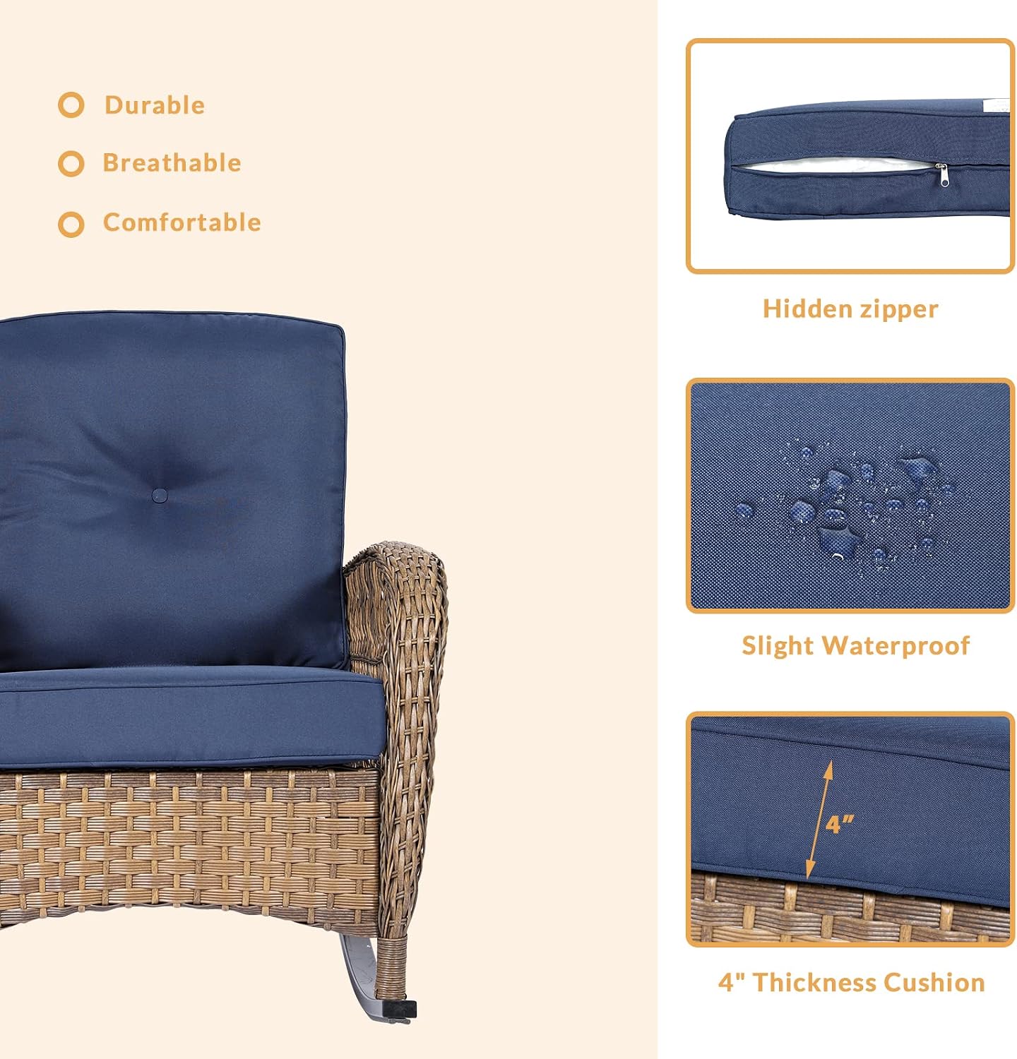 Outdoor Wicker Rocking Chair with Thickened Cushions, All-Weather Rattan Patio Rocking Chairs, Rocker Wicker Chair for Porch Garden & Backyard, Navy Blue