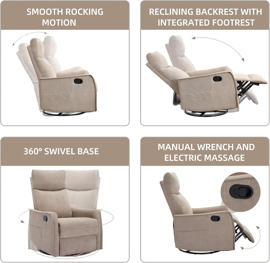 PELUMY 360 Swivel Rocking Recliner Chair for Adults, Nursery Rocking Chair with Heat and Massage, Glider Reclining Chair for Small Space, Living Room, Bedroom (Khaki)