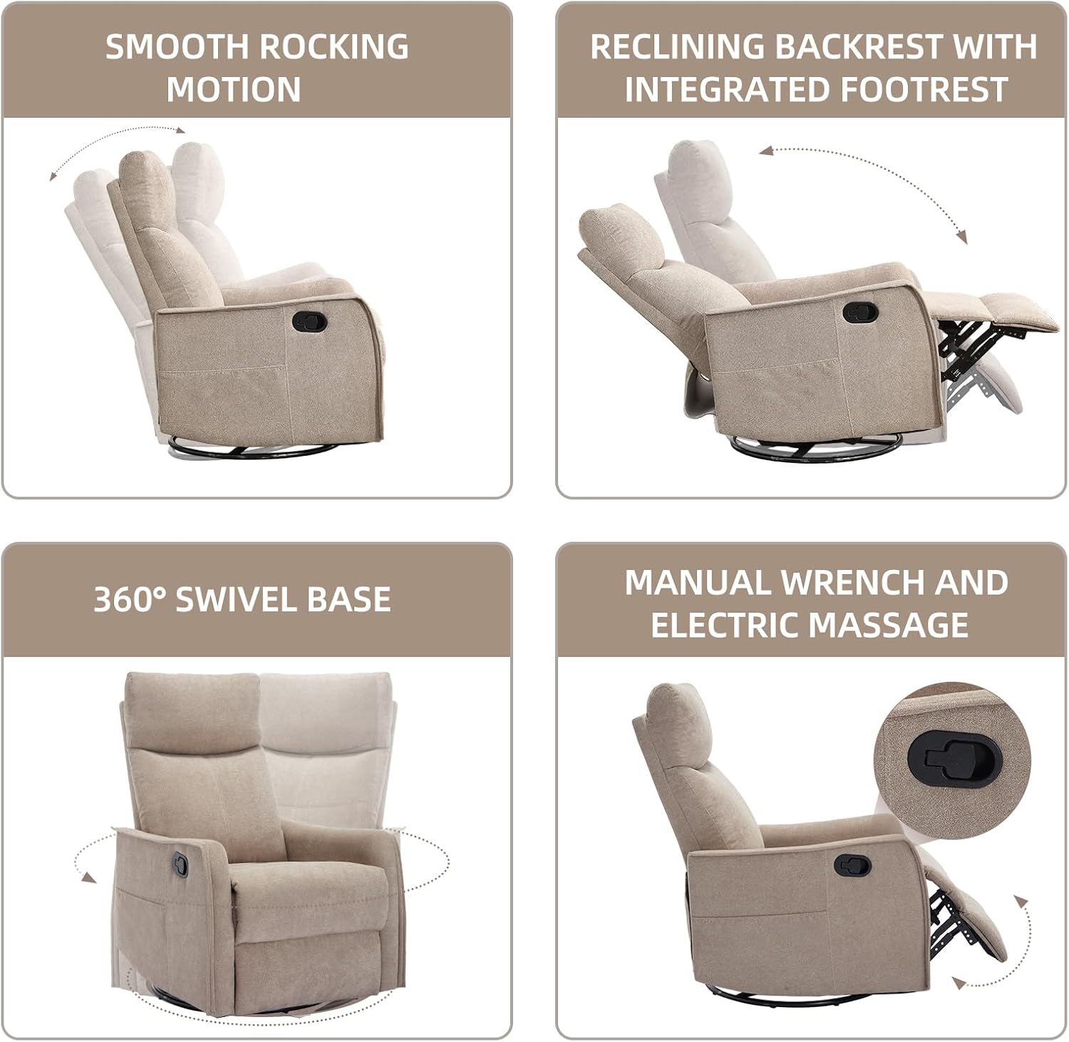 PELUMY 360 Swivel Rocking Recliner Chair for Adults, Nursery Rocking Chair with Heat and Massage, Glider Reclining Chair for Small Space, Living Room, Bedroom (Khaki)