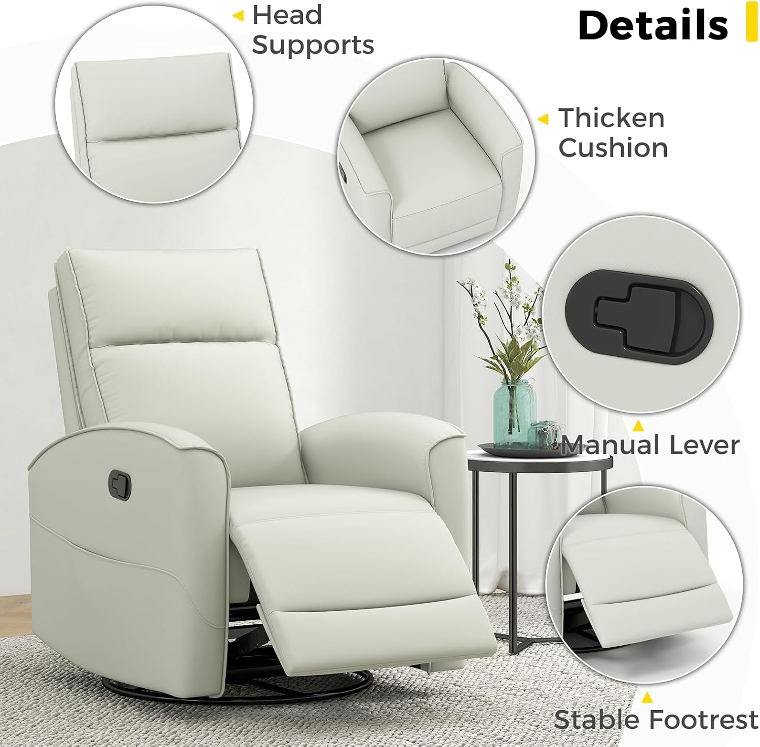 ANJ Manual Swivel Rocker Recliner, Glider Recliners with Padded Armrest and Backrest, Soft Faux Leather Nursery Rocking Recliner Chair Reclining Sofa for Living Room,Cream
