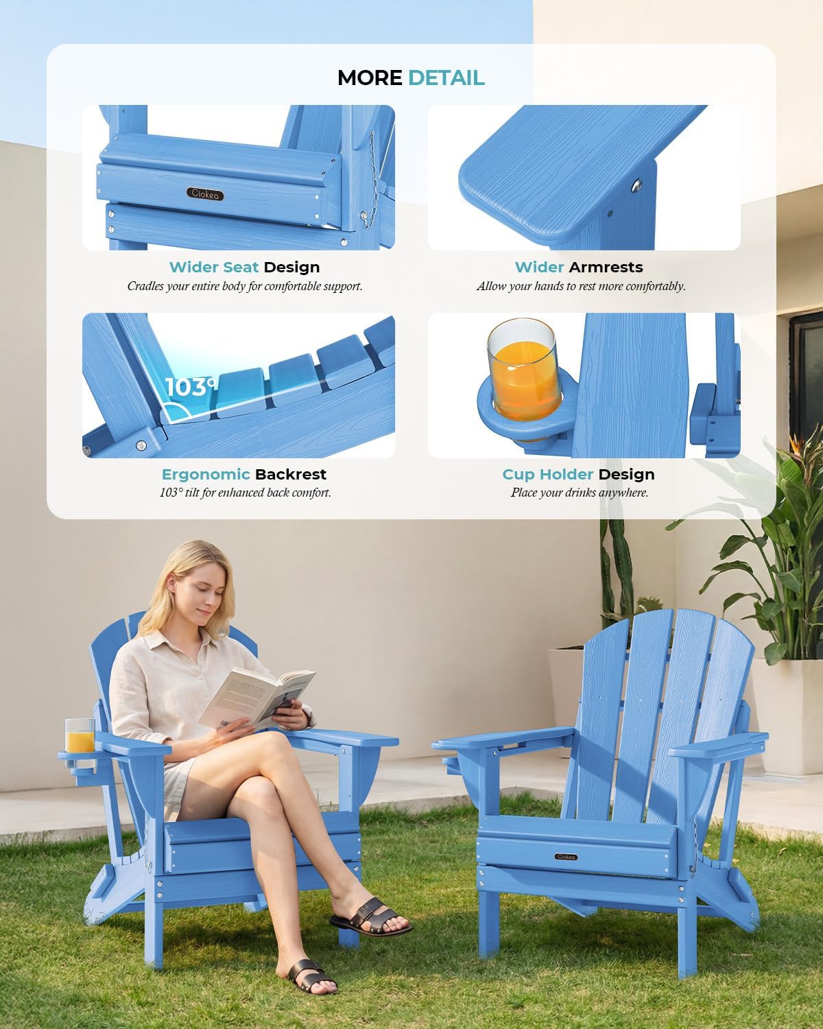 Ciokea Folding Adirondack Chair Wood Texture, Patio Adirondack Chair Weather Resistant, Plastic Fire Pit Chair with Cup Holder, Lawn Chair for Outdoor Porch Garden Backyard Deck, Baby Blue