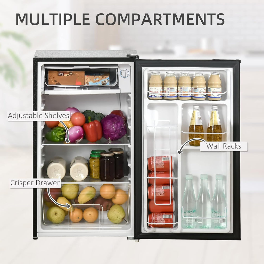 HOMCOM 3.2 Cu.Ft Mini Fridge with Freezer, Compact Refrigerator with Adjustable Thermostat, Shelf and Single Reversible Door for Bedroom, Dorm, Home Office, Energy Efficient, Black