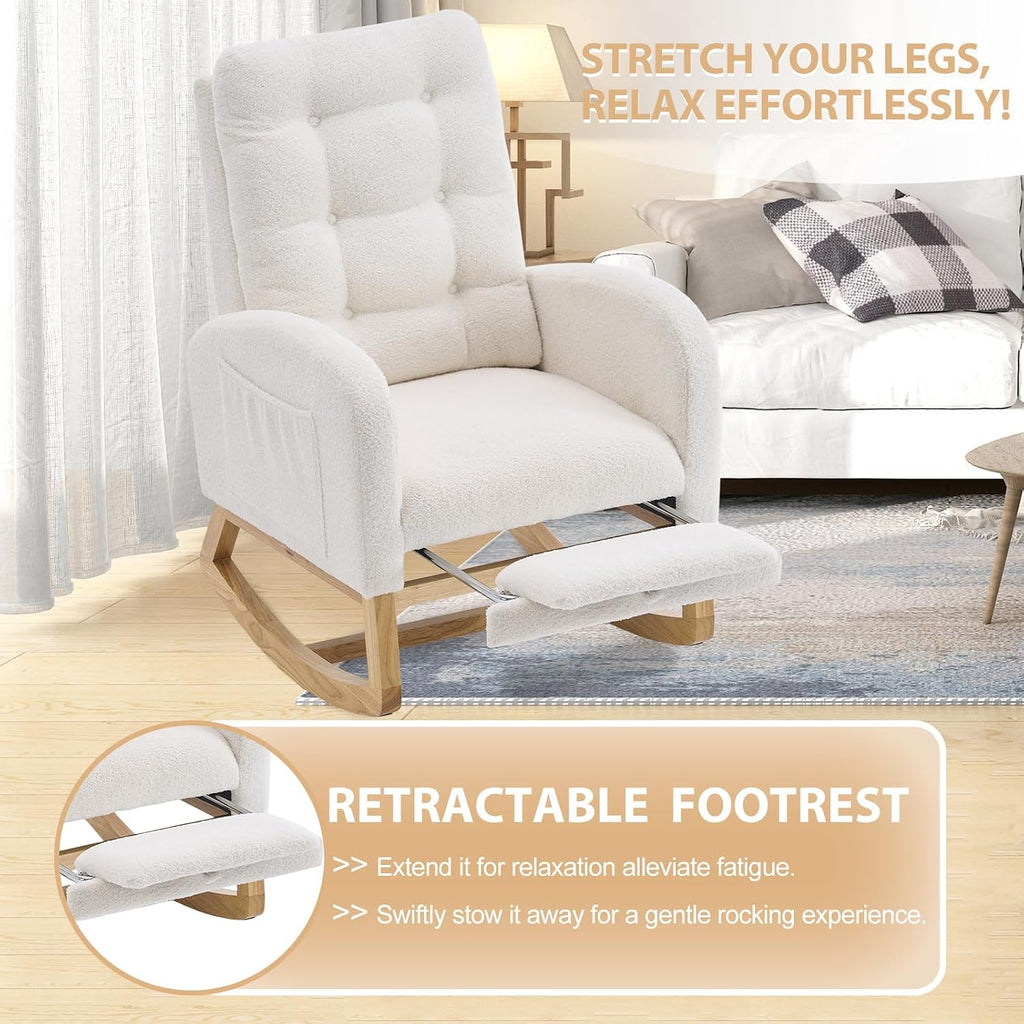 cinkehome Nursery Rocking Chair with Retractable Foot Rest, Teddy Glider Rocking Chair, Mid Century Rocker Chair, High Back, Solid Wood Legs