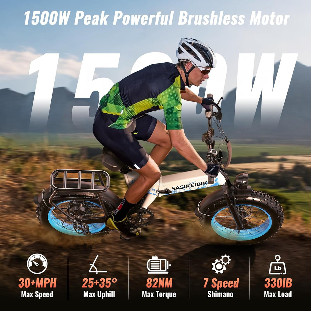 SASIKEIBIKE 1500W Electric Bike for Adults Full Suspension,48/52v 20AH Electric Dirt Bike with 20' x 4.0 Fat Tire,70 Miles Electric Bicycle, Ebike for Snow, Mountains, Road UL Certified