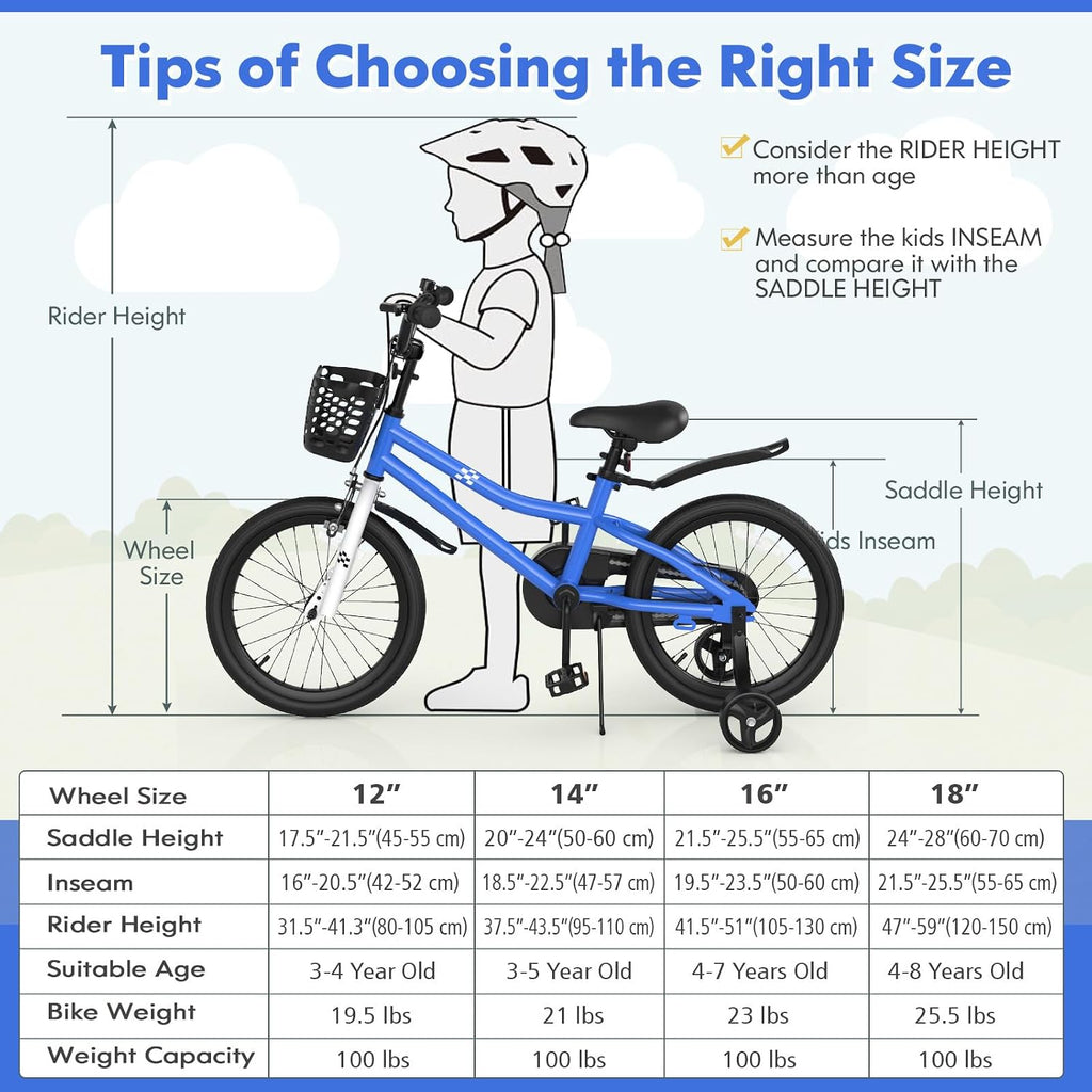 COSTWAY Kids Bike, 12 14 16 18 20 Inch Toddler Bike for Boys & Girls Aged 3-8 Years Old, Kids Bicycle w/Removable Training Wheels, Handbrake & Coaster Brake, Basket, Bell