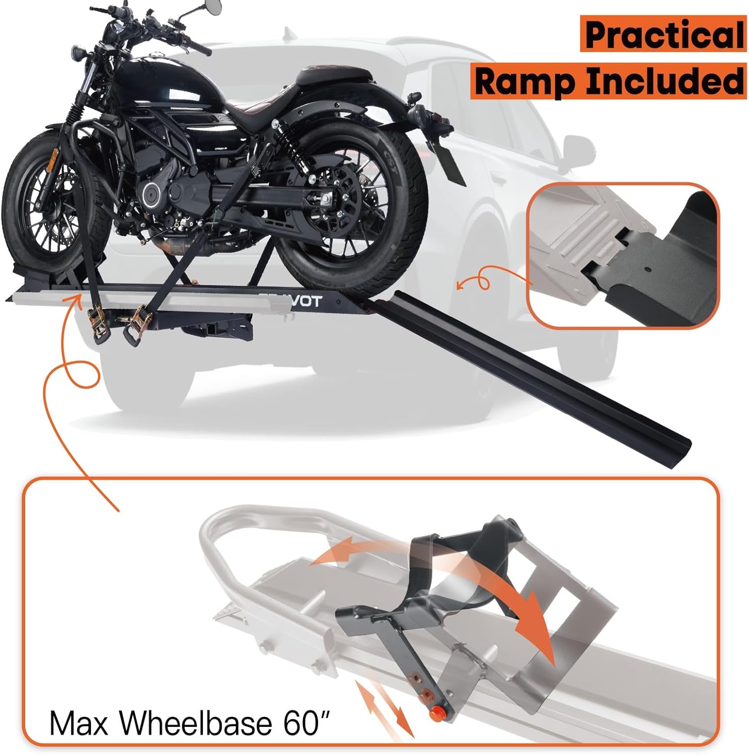 CRAVOT Motorack M1 Max Motorcycle Hitch Carrier with Ramp, 660 lbs Capacity Motorbike Carrier, Foldable Hauler Hitch Mount Rack Anti-Rattle Up to 6-inch Fat Tire 2' Receiver