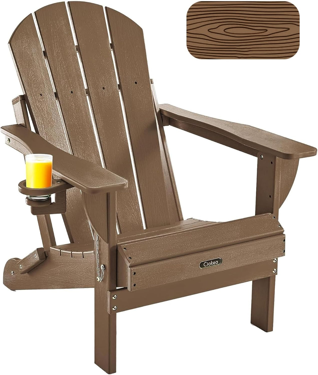 Ciokea Folding Adirondack Chair Wood Texture, Patio Adirondack Chair Weather Resistant, Plastic Fire Pit Chair with Cup Holder, Lawn Chair for Outdoor Porch Garden Backyard Deck, Brown