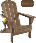 Ciokea Folding Adirondack Chair Wood Texture, Patio Adirondack Chair Weather Resistant, Plastic Fire Pit Chair with Cup Holder, Lawn Chair for Outdoor Porch Garden Backyard Deck, Brown