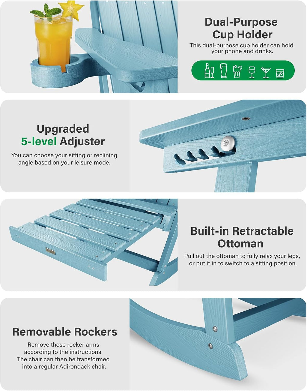 YEFU Adirondack Chairs with Retractable Ottoman: Oversize Adirondack Rocking Chairs - 5-Level Adjustable High Back - Outdoor Rocker with Cup Holder for Porch/Gardens/Lawn/Patio/Backyard/Blue