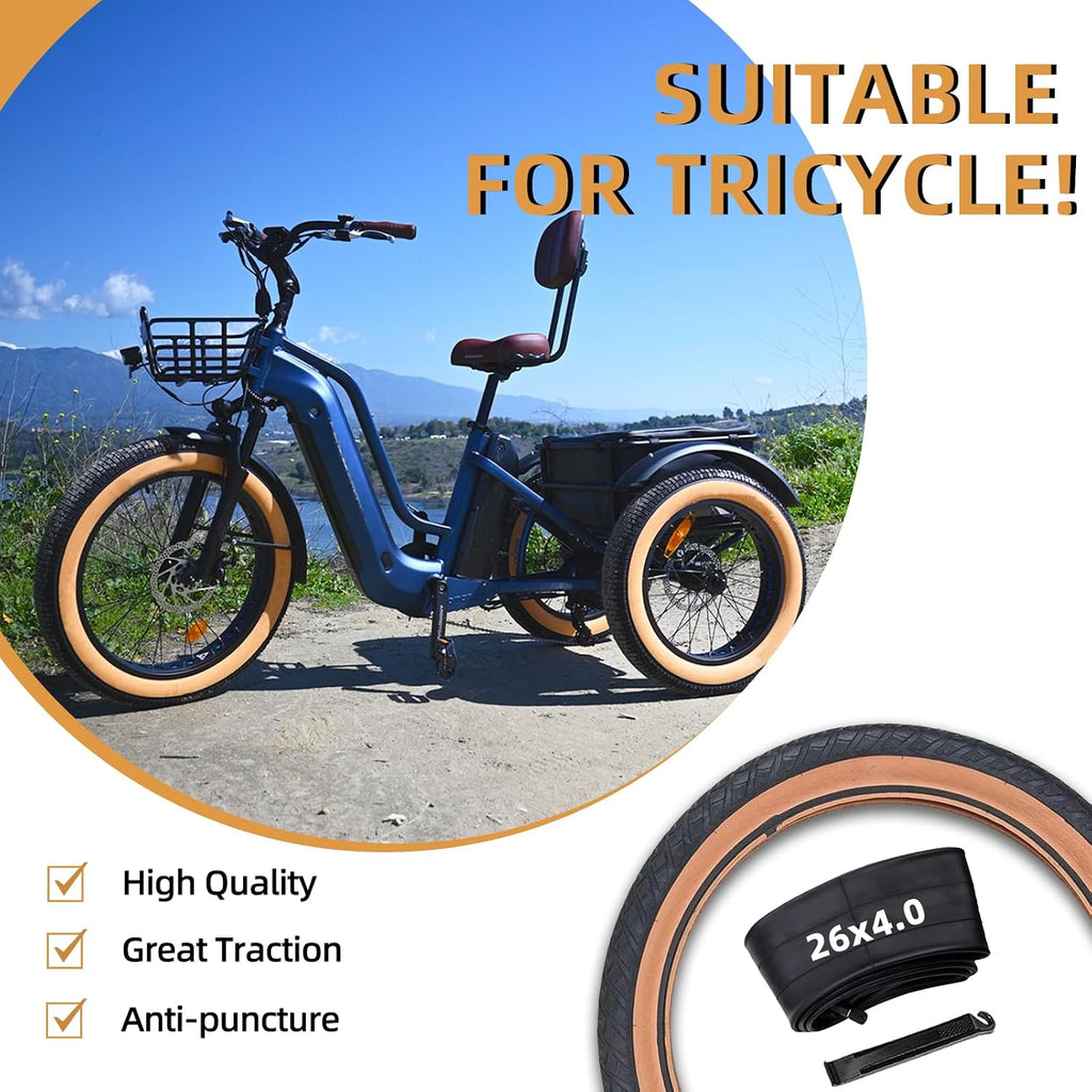 26 x 4.0 Inch 2 Pcs E-Bike Fat Tires with Inner Tubes and Tire Levers Set,Puncture Proof Replacement Tire Compatible with Mountain Beach Snow or 3-Wheel Bikes