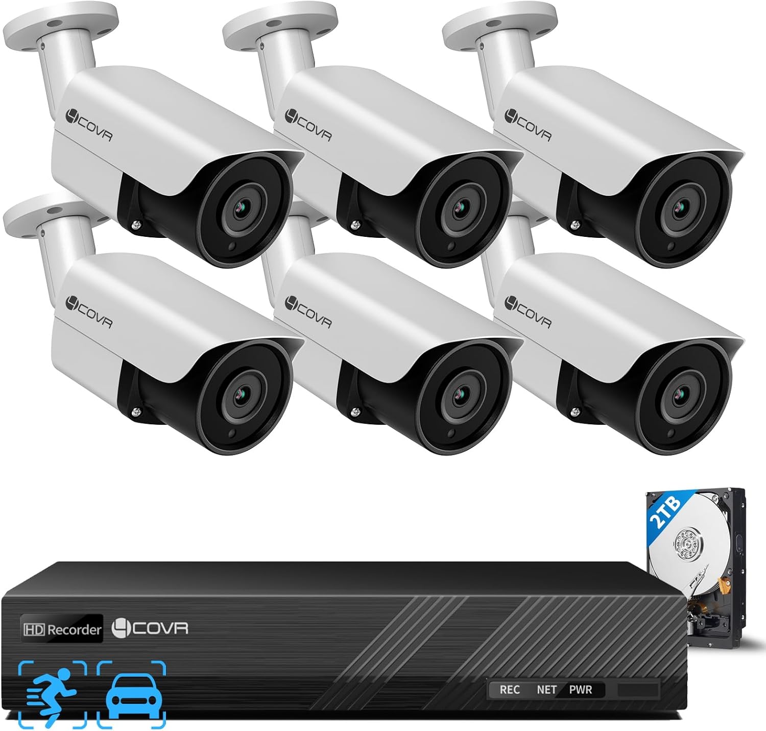 4COVR PoE Security Camera System, AI Human/Vehicle Detection, 8 Channel 8MP PoE NVR 2TB HDD, 6Pcs 8MP Wired Commercial Bullet IP Camera IP67 Night Vision, 24/7 Home Surveillance Outdoor, LY37EX8M0806