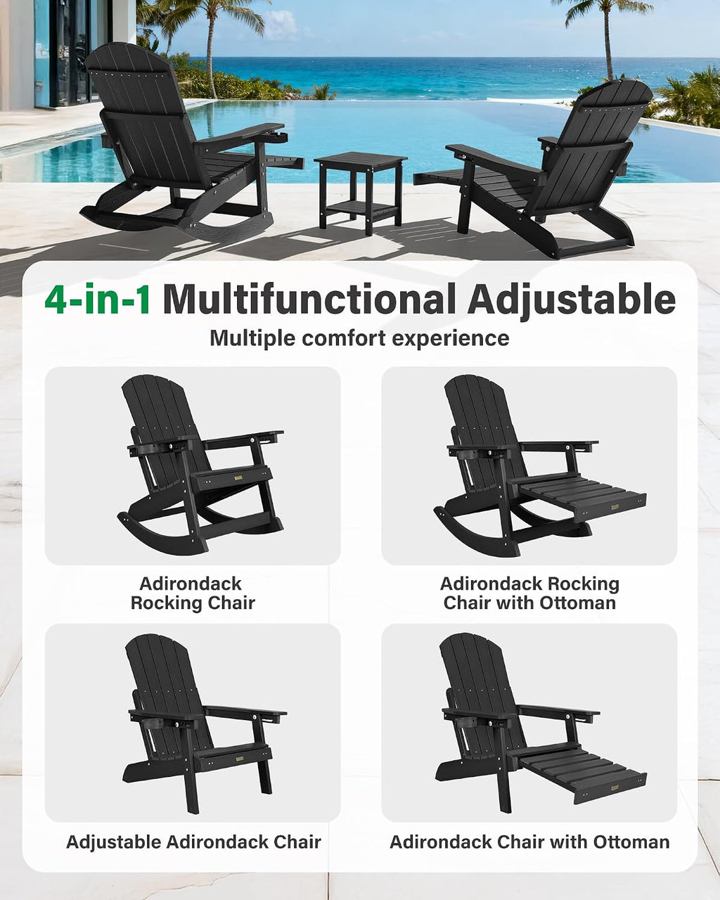 YEFU Rocking Chairs Outdoor Set of 4, Adirondack Chairs with Retractable Ottoman, Adjustable Adirondack Rocking Chair,Rockings Chair Outside,Weather Resistant,for Patio,Porch,Lawn,Heavy Duty,Black