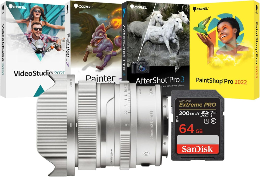 Sigma 20mm F2 DG Full-Frame Manual Aperture Ring Contemporary Lens (Silver, L Mount) Bundle with Software Suite and Memory Card (3 Items)