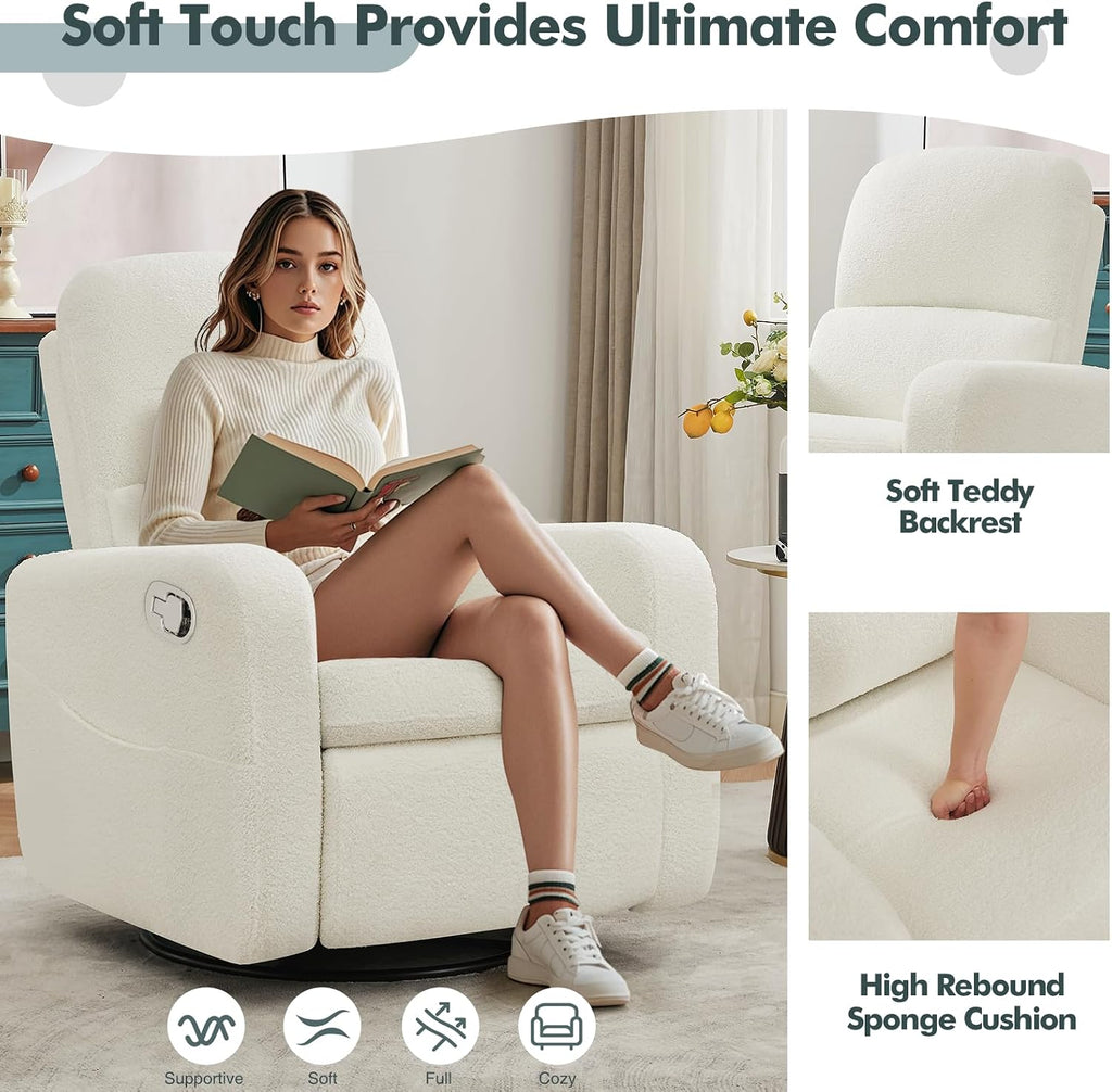 Swivel Rocker Recliner, Oversized Boucle Glider Recliner Nursery, Manual Swivel Rocking Reclining Chairs with Removable Cushion and Lumbar Support for Nursery Living Room Bedroom, Teddy White