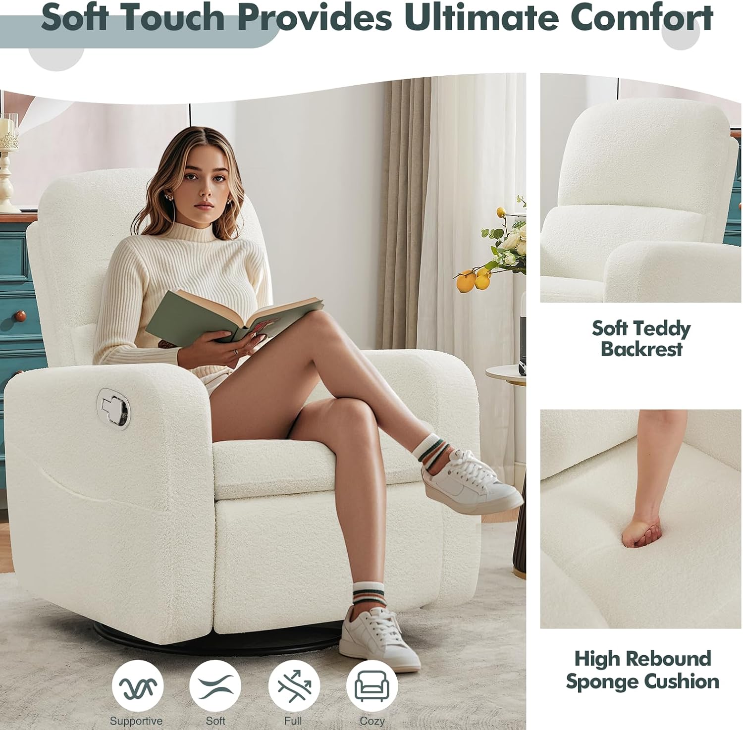 Swivel Rocker Recliner, Oversized Boucle Glider Recliner Nursery, Manual Swivel Rocking Reclining Chairs with Removable Cushion and Lumbar Support for Nursery Living Room Bedroom, Teddy White