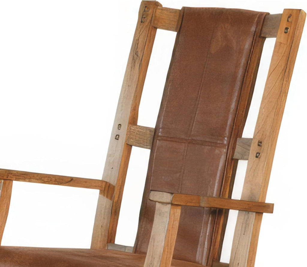 Benzara Marv Rocking Chair with Faux Leather Seat and Back- Rustic Oak Brown