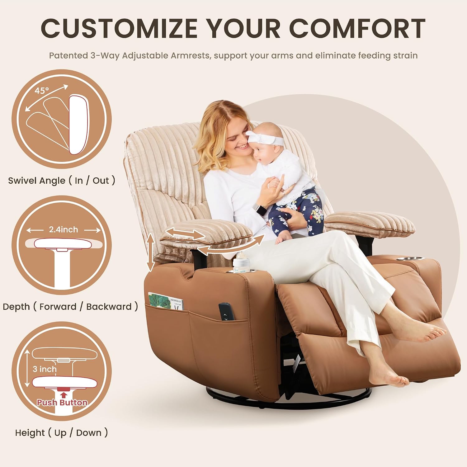 SUNWAVE Power Nursery Rocking Chair with Adjustable Armrests, Nursing Chair with USB, Cup Holders, Swivel Rocker Recliner with Corduroy and PU Leather Fabric