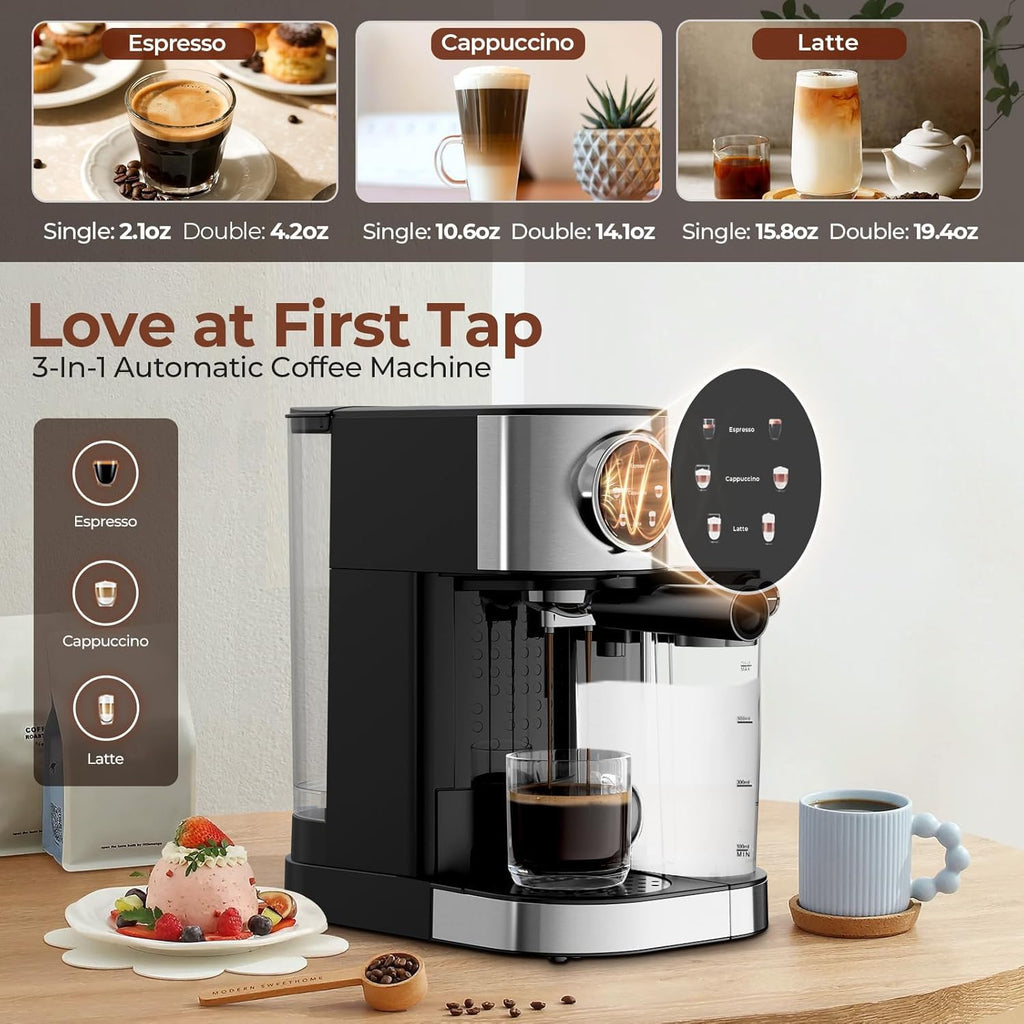 Electactic Espresso Machine 20 Bar, Super Compact Espresso Maker Stainless Steel with Touch Screen, Professional Coffee Machine, Automatic Milk Frother for Cappuccino