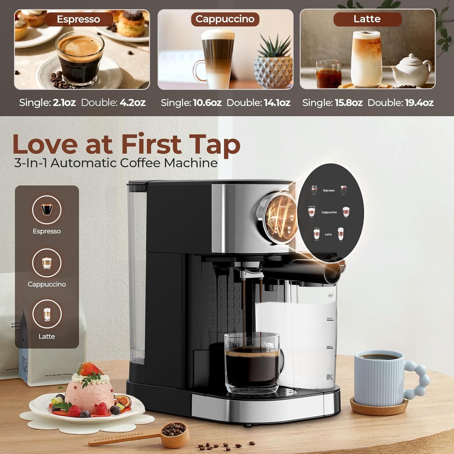 Electactic Espresso Machine 20 Bar, Super Compact Espresso Maker Stainless Steel with Touch Screen, Professional Coffee Machine, Automatic Milk Frother for Cappuccino