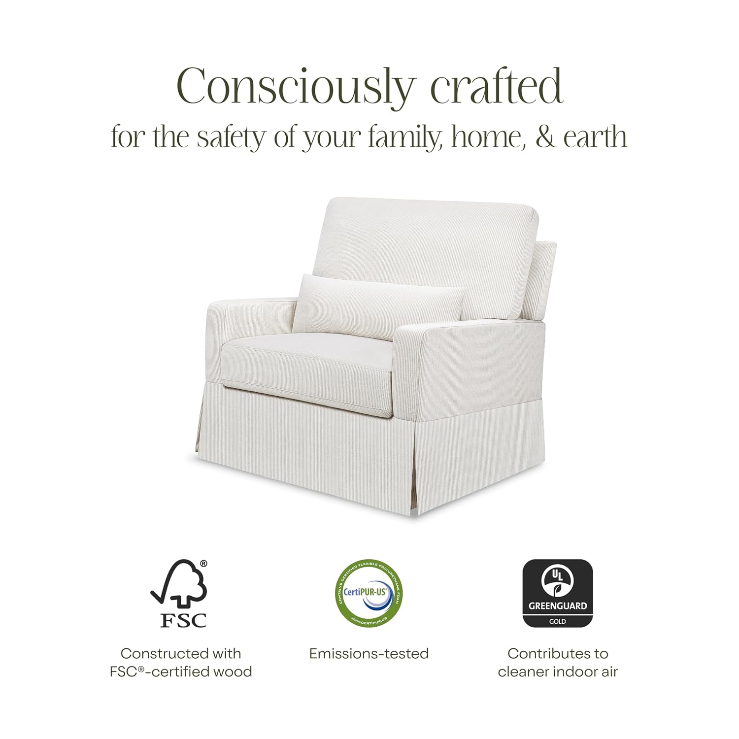 Namesake Crawford Pillowback Chair and a Half Comfort Swivel Glider in Fog Chatham Stripe Performance Eco-Weave, Water Repellent, Greenguard Gold & CertiPUR-US Certified