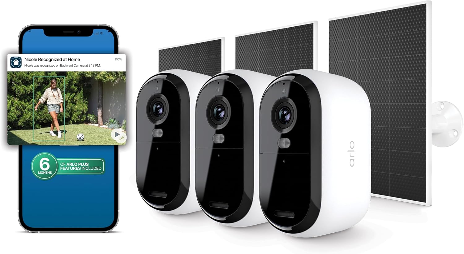 Arlo Essential Security Camera (3rd Gen - 2025 Release) 3 Cam + 3 Solar Panels + 6 Months of Secure Plus Plan - 2K, Person Recognition, Package Detection, Animated Preview, Dual-Band WiFi, White