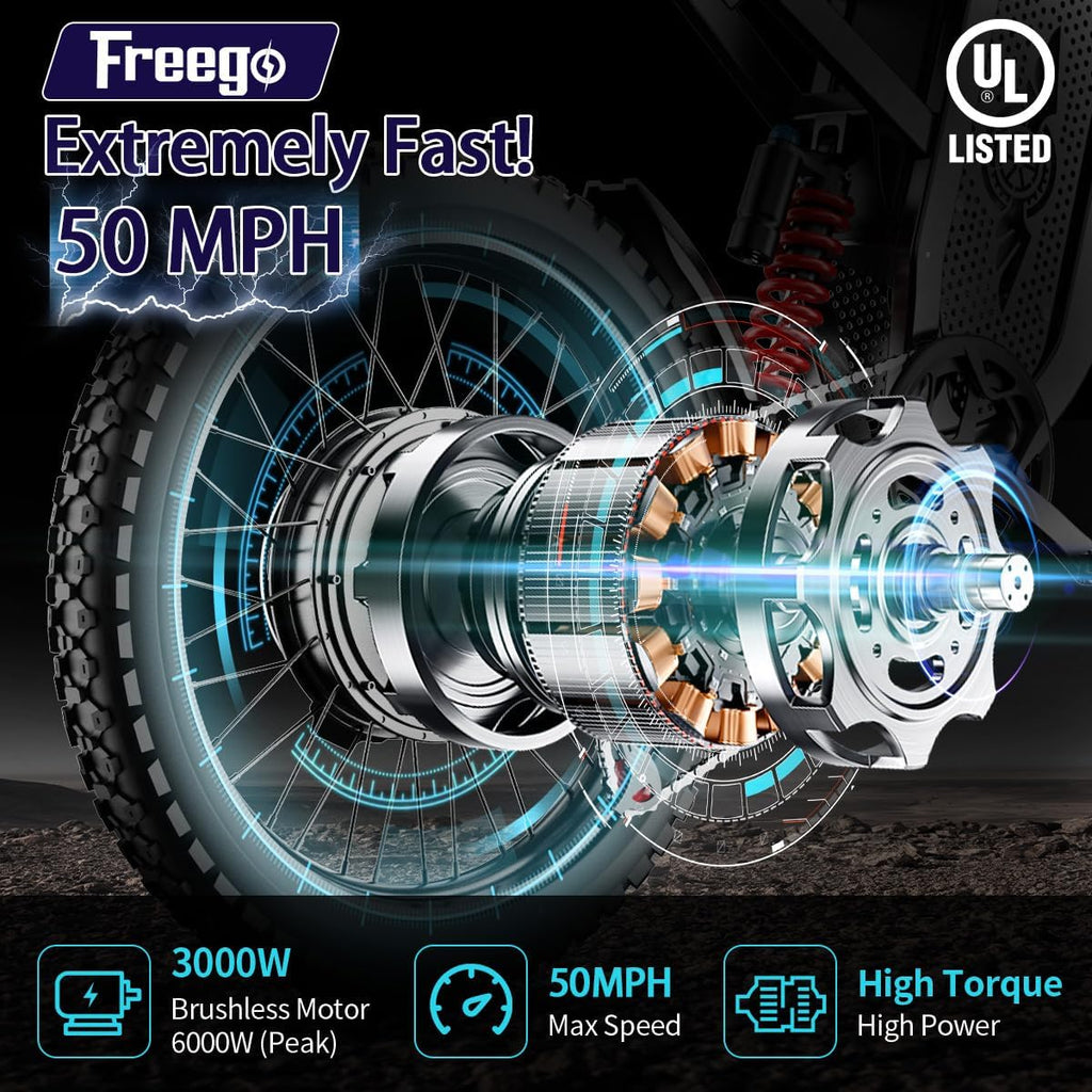 Freego Electric Motorcycle Bike for Adults Teen, X2 Electric Dirt Bike 6000W(Peak) Motor 60V/30Ah Removable Battery, 50MPH Off Road Electric Mountain Bike,19' x2 Tire, UL 2849 Certified