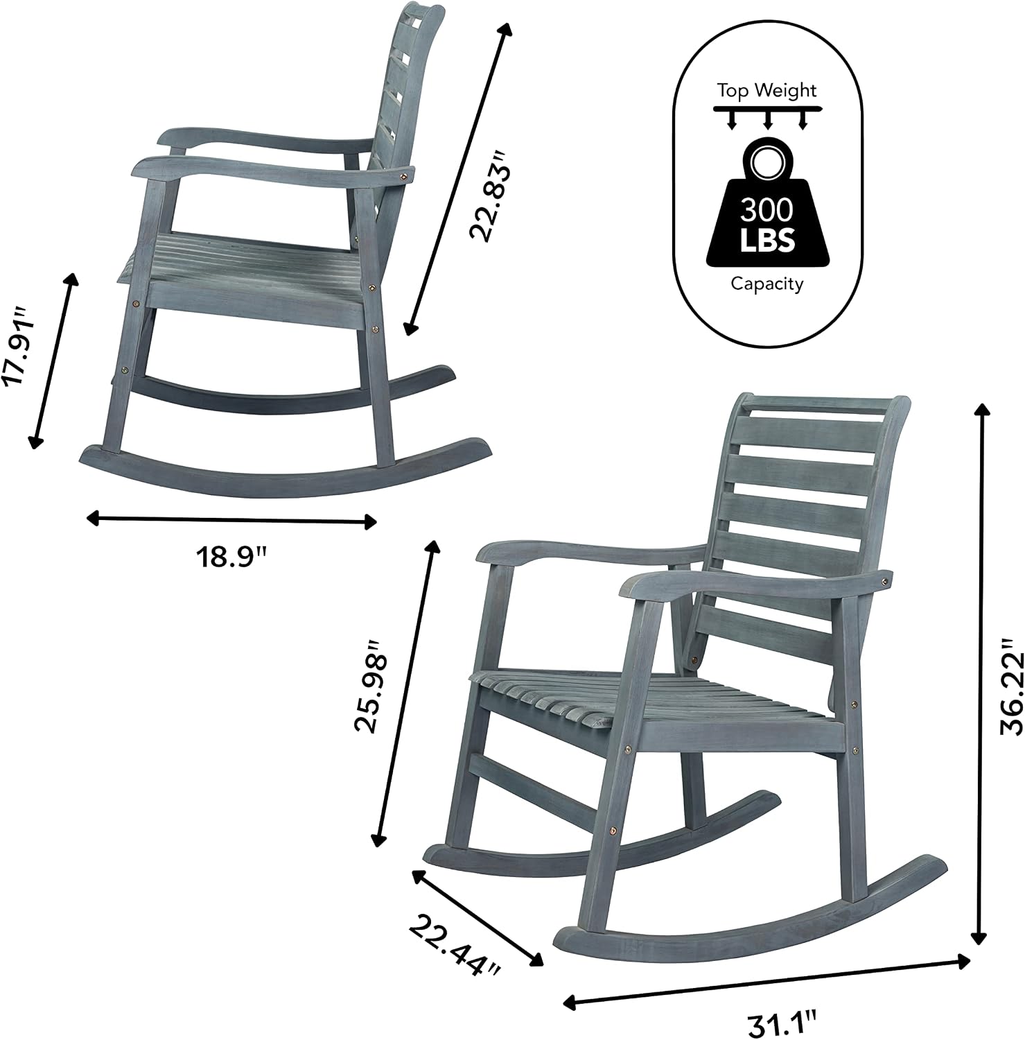 JONATHAN Y RCK101B Carey Modern Slat-Back 300-Lbs Support Acacia Wood Patio Outdoor Rocking Chair for Garden, Lawn, Backyard, Pool, Deck, Beach, Firepit, Gray