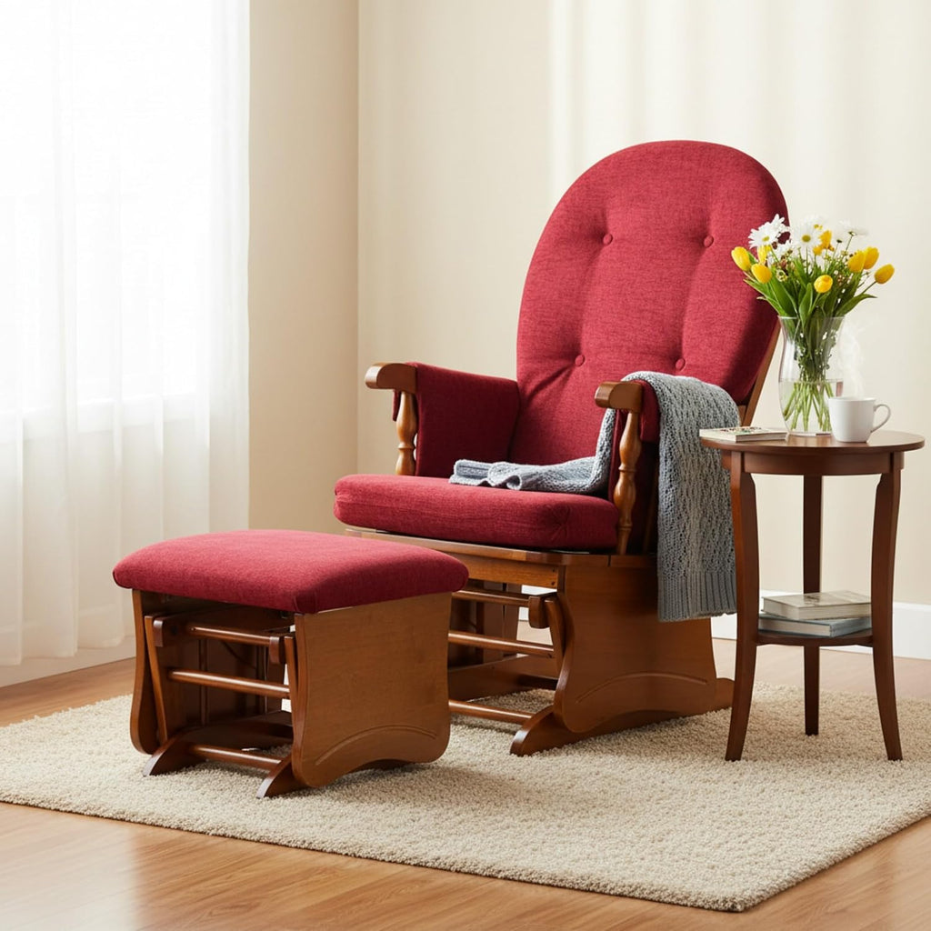 Glider Rocking Chair with Ottoman Set, Solid Rubberwood Nursery Swivel Glider, High Back Upholstered with Thick Padded Cushion, 280LBS Capacity, for Living Room, Nursing, Reading, Red
