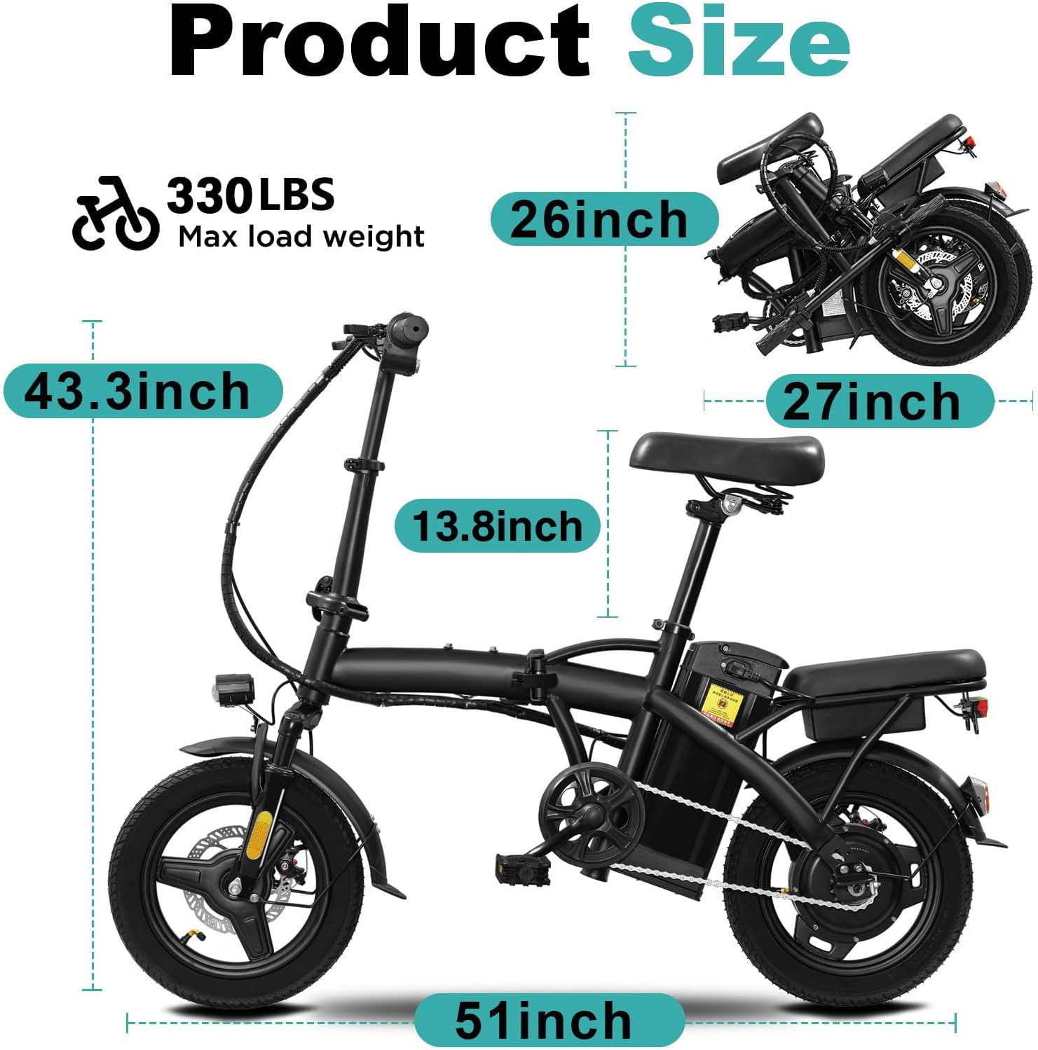 Electric Bike for Adults Teens, 14' Commuting Folding ebike with 560W Motor and 48V Battery, 24MPH 3 Level Pedals Assist, Dual Disc Brakes, Compact Foldable Electric Bicycle with UL2849 Certification