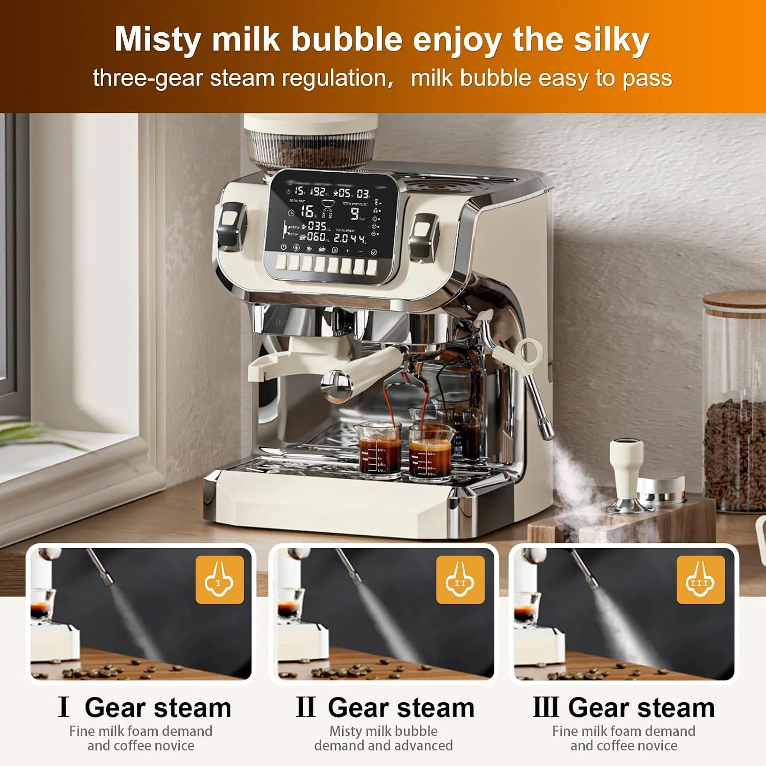 15 Bar Pump Professional Pressure Coffee Maker, Manual Espresso Machine, with Milk Frother/Steam Wand Compact Stainless Steel Coffee Maker