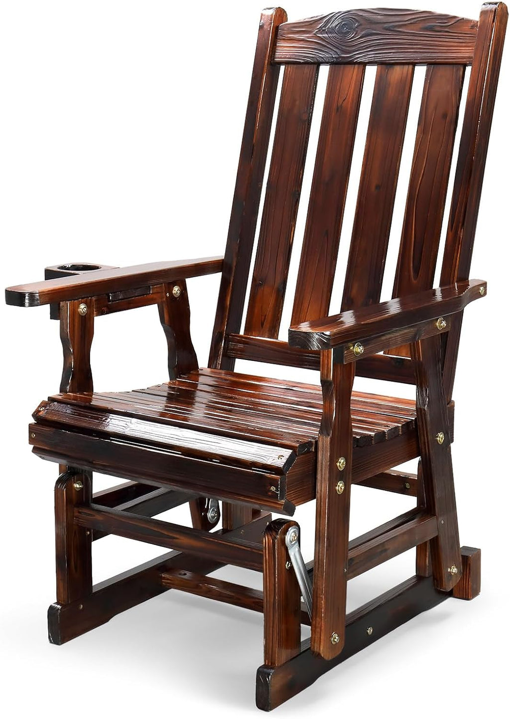 VINGLI Wooden Patio Glider, Heavy Duty 600 LBS Outdoor Glider with Cup Holders, Single Wooden Glider Bench with High Backrest for Garden, Yard, Patio, Rustic