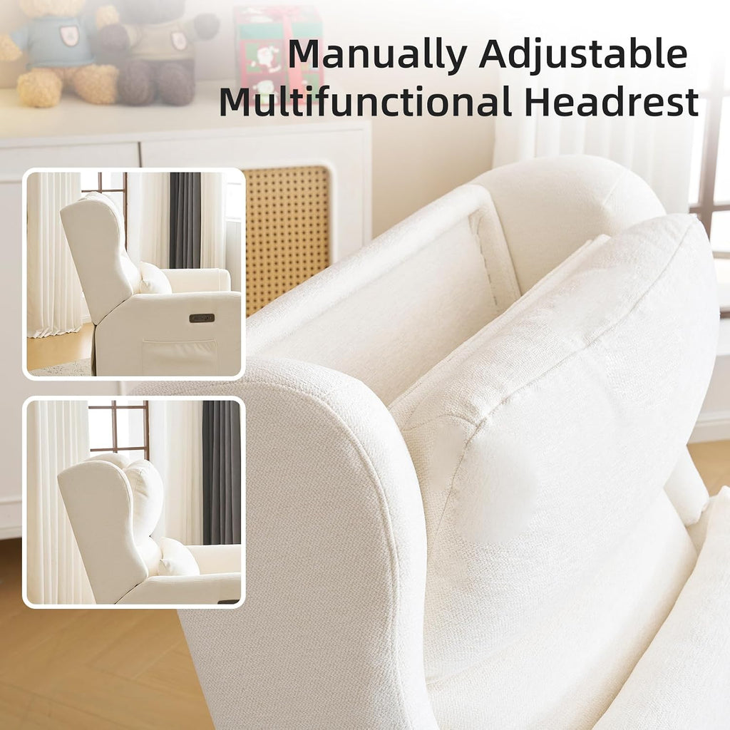 Power Recliner Chair Swivel Glider, Oversized Swivel Rocker Recliner with Adjustable Headrest,Comfy Chenille Glider Rocking Nursery Chair with Overstuffed Lumbar Support, USB Ports, White