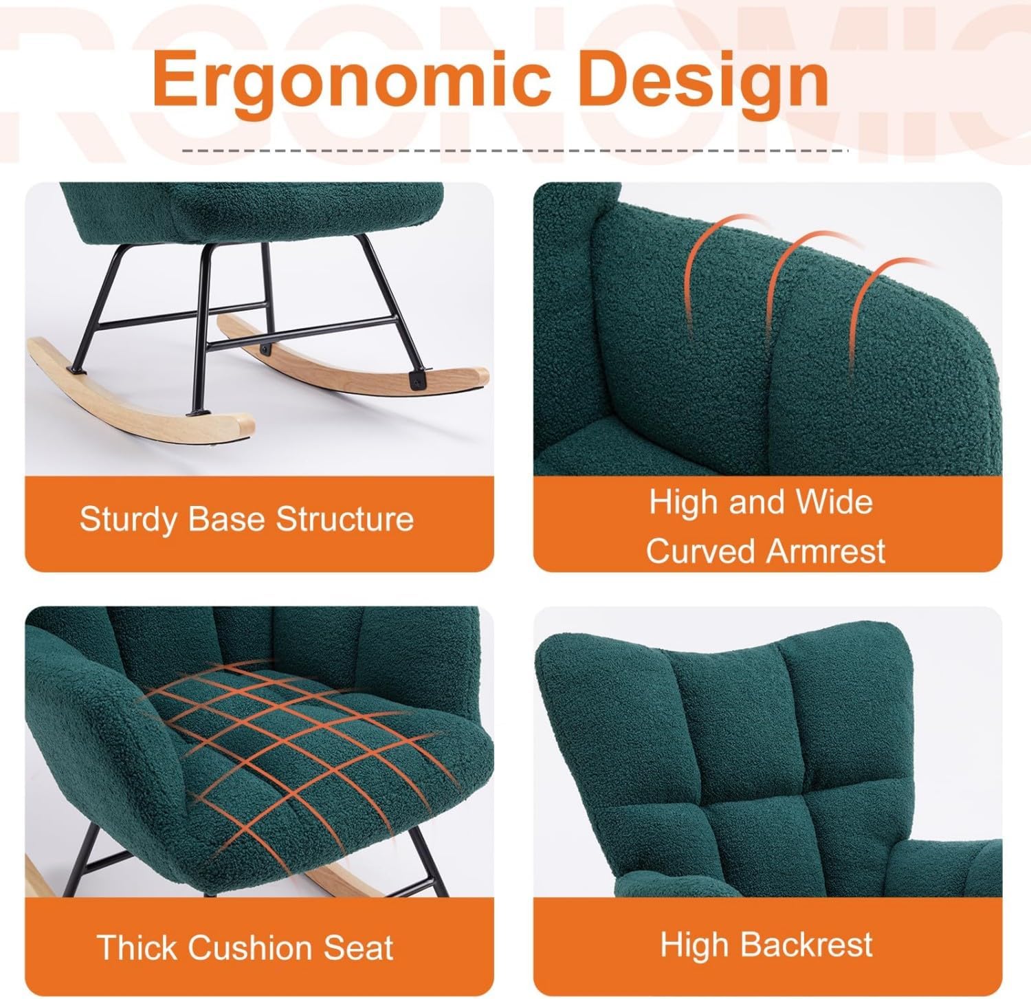 Rocking Chair, Upholstered Glider Rocker Accent Chair, Nnursery Rocking Chairs with High Backrest for Small Spaces, Indoor, Living Room, Bedroom, Green
