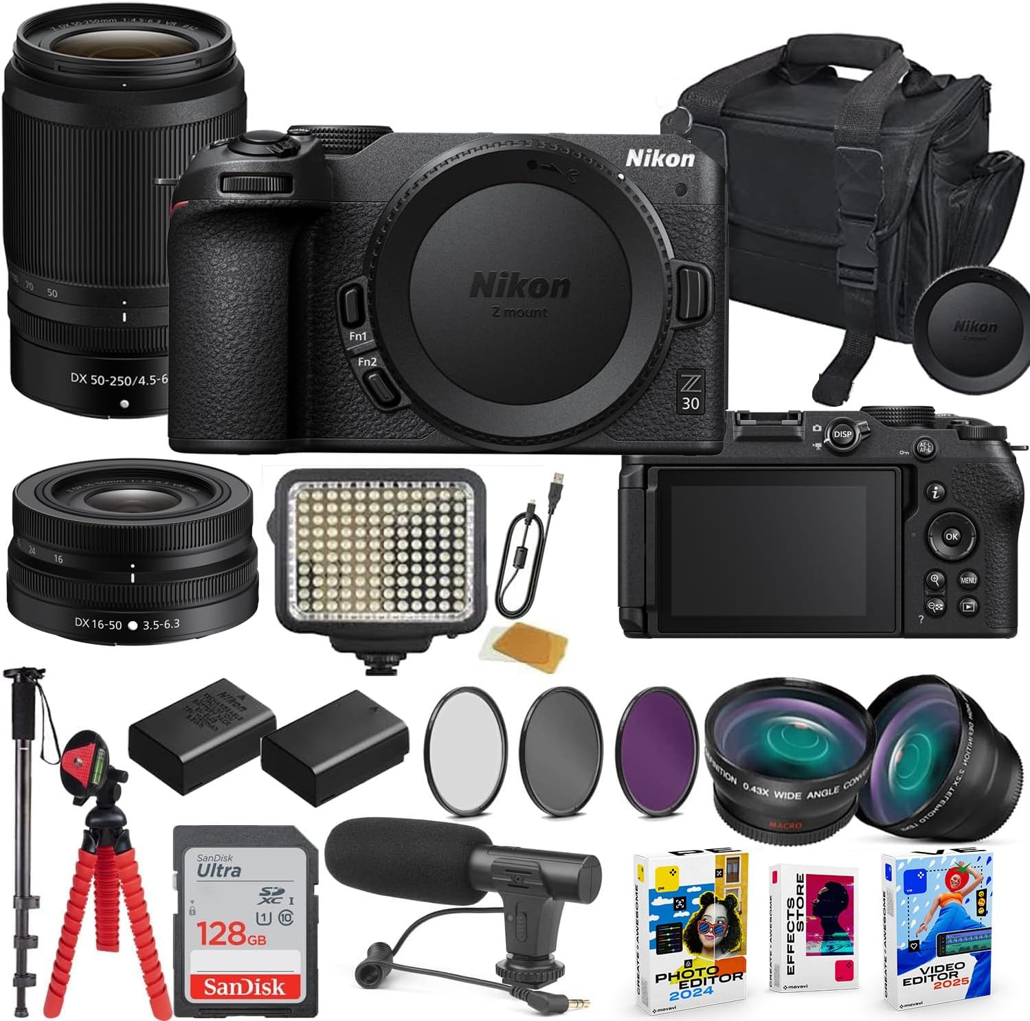 Nikon Z30 Mirrorless Camera with 16-50mm & 55-250mm Lens Bundle with Extra Battery, LED Light, Microphone, 128GB High Speed Memory Flash, Accessory Bundle (28 Items)