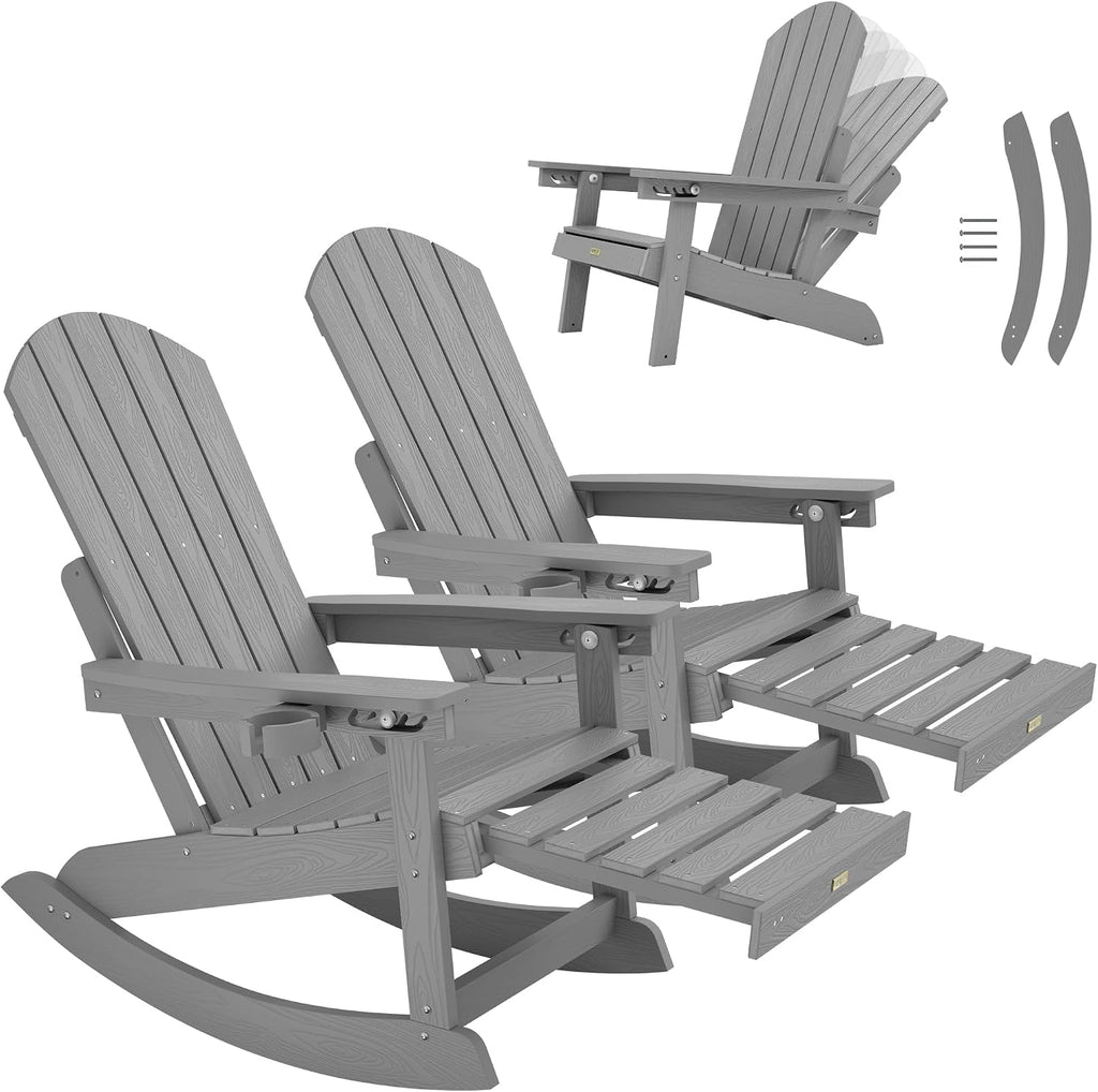 YEFU Adirondack Rocking Chairs Set of 2, Adjustable Adirondack Chair with Retractable Ottoman,Outdoor Rocking Chair,Rockings Chairs Outside,Weather Resistant,for Patio,Porch,Lawn,Heavy Duty,Grey